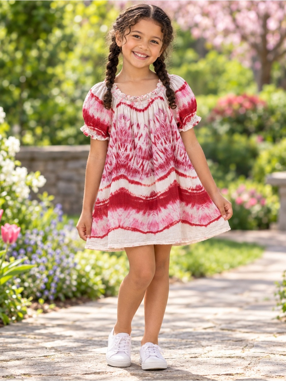 True Craft Girls Size 10 Pink Tie Dye Puff Sleeve Dress Cotton Line